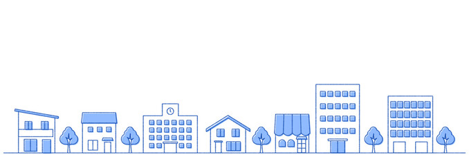 街並みのイラストのバナー背景　手描き風　横長　青