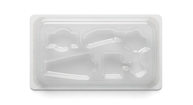 Clear plastic packaging tray with multiple shaped compartments on white background