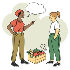 A man and woman talking about a box of vegetables Vector