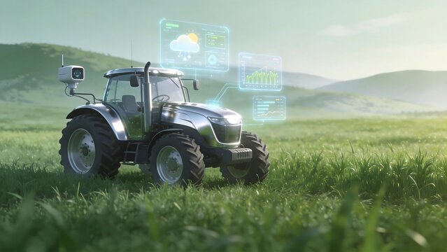 Smart tractor in green field