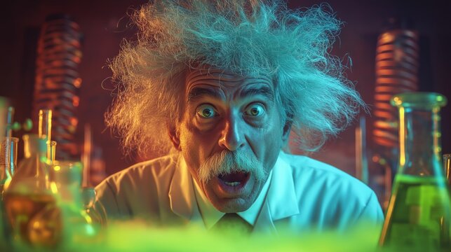 Excited Scientist in Colorful Laboratory Setting