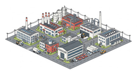 Isometric view of a city with various buildings and infrastructure, a detailed illustration.