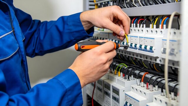 Electrician working on circuit breaker panel