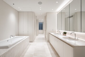 Fototapeta premium Modern, minimalist bathroom with a long vanity, soaking tub, and spacious white interior