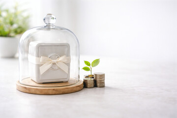 Naklejka premium Protected Savings Concept with Safe Under Glass Dome and Growing Investment