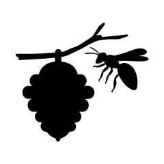 A hovering helicopter with a bee flying nearby in silhouette Vector