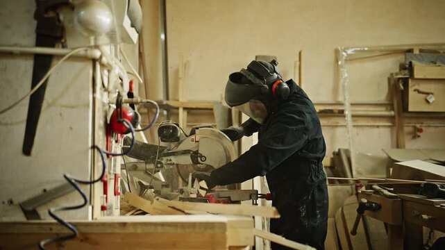 Carpenter Using Miter Saw in Wood Workshop 4K