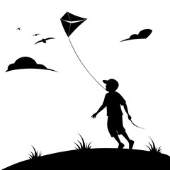 A child flying a kite on a sunny hillside with birds above Vector
