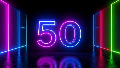Number 50 with neon outline. Glowing number on dark background