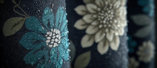 Close-up of floral fabric with water droplets, in shades of blue and green
