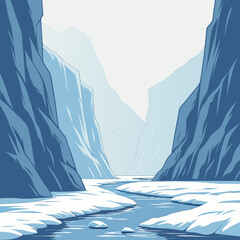 Deep blue arctic canyon with frozen river flowing through ice and snow © hiya