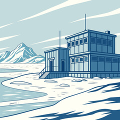 Modern arctic research facility on snowy shore with mountains and water in background © hiya