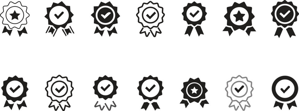 Approval check big icon set. Verified, certified, medal, correct mark, award ribbon, badge, quality certify sign - stock vector. isolated on transparent background