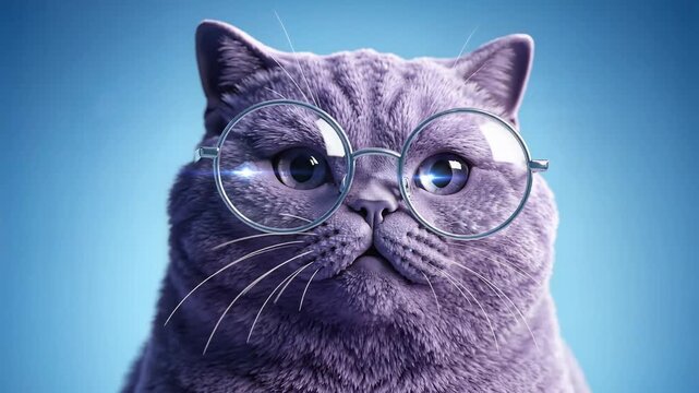 A grey cat wearing glasses with a blue background.