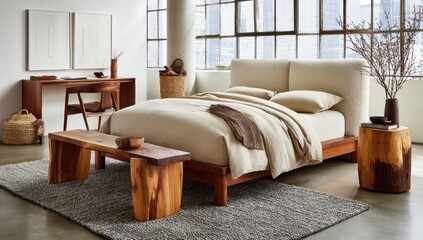 Obraz premium Modern bedroom with wooden furniture, large windows, neutral tones and natural decor