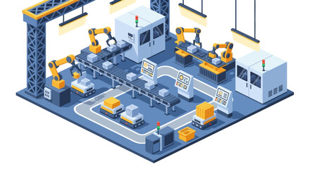 Obraz premium Smart Factory Automation: Robotic Production Line with Conveyor Belts, AGVs, and Control Panels - Industry 4.0 Manufacturing Isometric Vector
