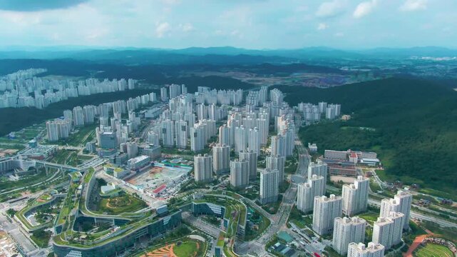 aerial view of the city, building of city, bridge of city