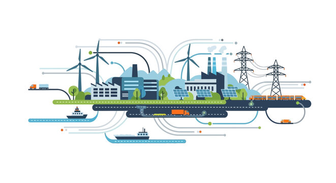 Sustainable Industry & Green Energy Logistics Network. Modern Cityscape with Factories, Wind Turbines, Solar Panels, Transportation Infrastructure.