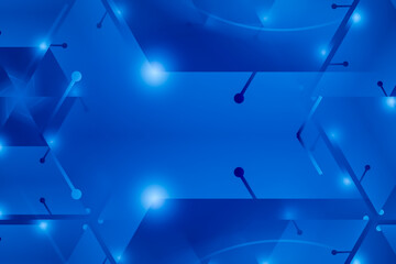 Modern blue technology background with glowing circuit nodes and overlapping geometric arrow shapes