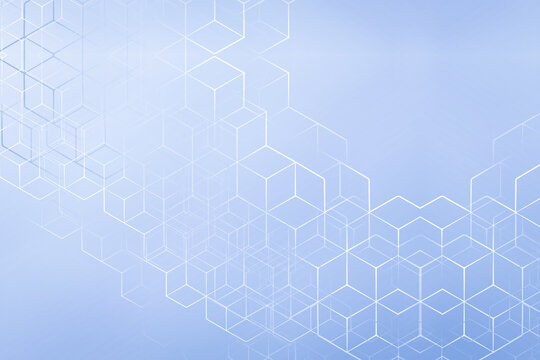 Minimalist light blue background with abstract white geometric hexagon outlines and fading linear grid