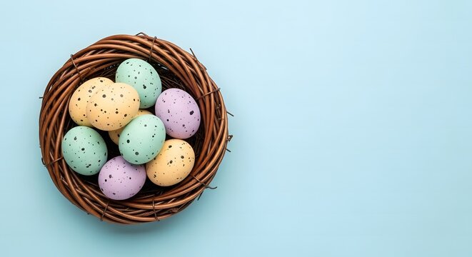 Pastel speckled Easter eggs in rustic bird nest on blue background, minimal spring holiday flat lay with copy space