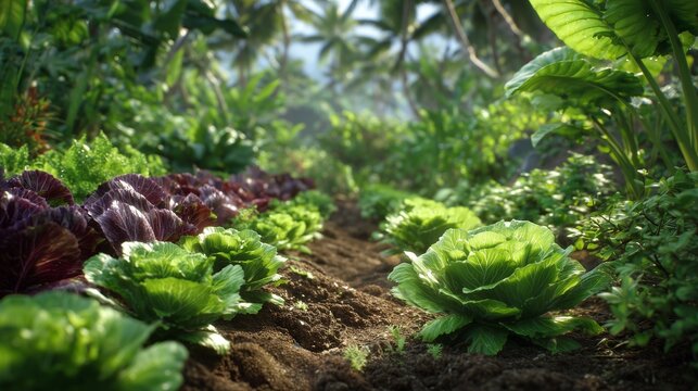 A verdant trail meanders through a thriving jungle of colorful plants