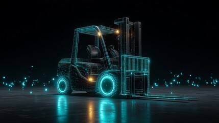 Neon wireframe forklift glows in dark void