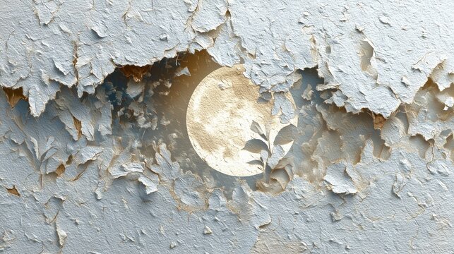 A fragmented plaster surface displays a hole resembling a sliver of the moon