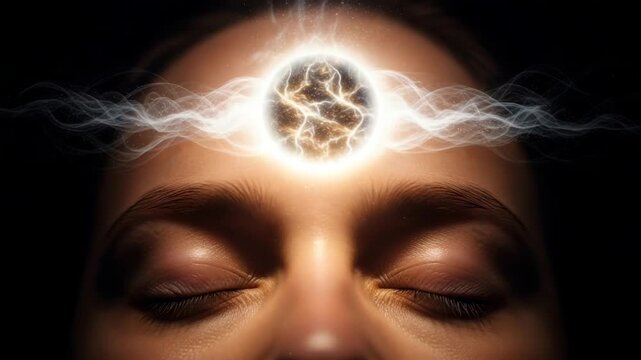 A woman's face in meditation with a glowing third eye chakra. Spiritual energy, mindfulness, and focus concept. Psychic awakening and higher consciousness animation