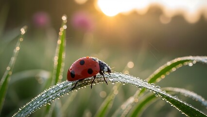 Ladybug on dewy grass blade at sunrise.