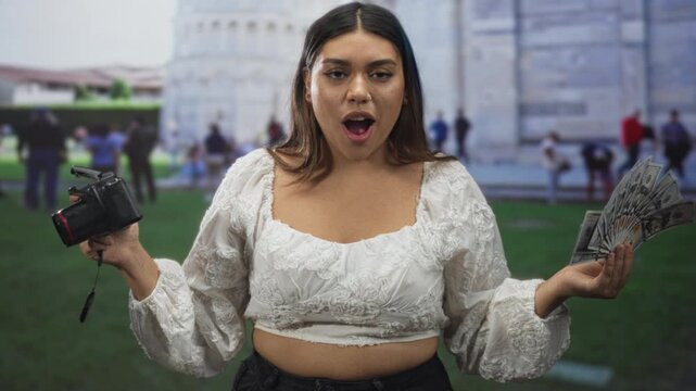 Woman holding dslr camera and fanning dollar bills, midriff in white top, mouth open, building lawn crowd; monetization confidence ambition.