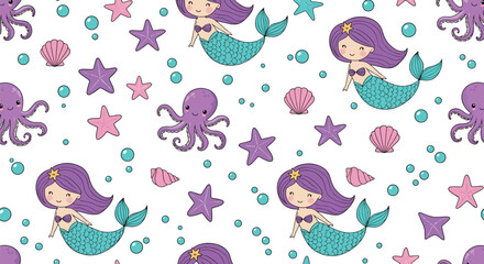 Seamless Pattern Featuring Cute Mermaids, Purple Octopuses, and Starfish for Childrens Fabric Prints, Nursery Wallpaper, and Ocean Themed Party Stationery