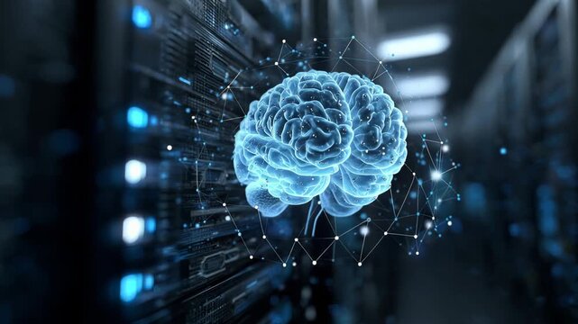 Digital brain hologram in data center representing artificial intelligence technology
