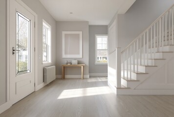 Fototapeta premium Modern entryway with natural light, a staircase, and a front door