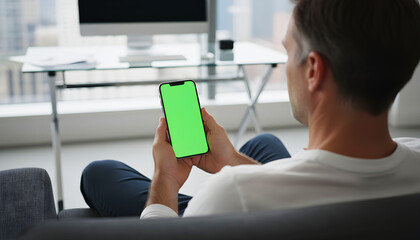 Fototapeta premium Hand holding mobile phone with green screen, man using smartphone for digital communication or business app display, modern office workspace