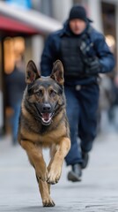 German shepherd assisting police officer in urban task