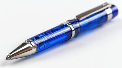 Naklejka premium Blue pen ballpoint writing tool shiny metallic office stationery sleek blue ballpoint pen with shiny metallic detail lying white background