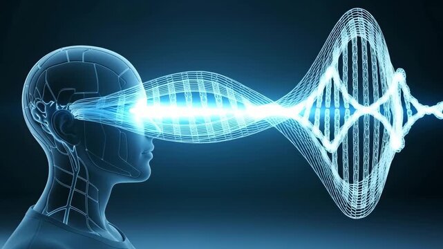 A futuristic animation of a human head creating a DNA helix with a beam of energy. Visualizing genetic engineering and biotechnology. Science and technology innovation concept