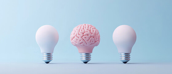 Three light bulbs with a brain in the middle symbolise creativity and intellect, ideal for use as a conceptual background for motivational posters or covers of books on personal development.