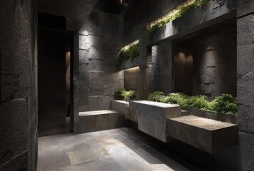 Obraz premium Interior shot of a modern space featuring stone walls, built-in greenery, and ambient lighting