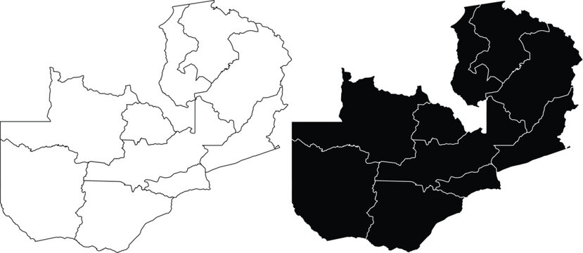 Zambia map with internal divisions and silhouette outline