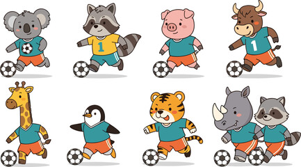 Cute Animal Soccer Team Vector Illustration Featuring Cartoon Wildlife Characters Playing Football with Ball © Sujon Shah