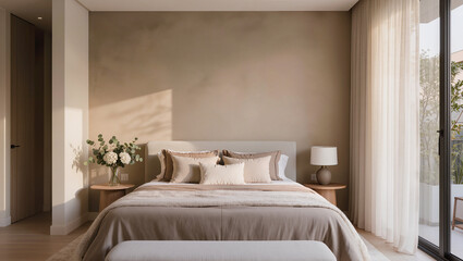 A contemporary bedroom features a bed with neutral bedding two wooden side tables with a lamp and flowers and a large window with sheer curtains leading to an outdoor area