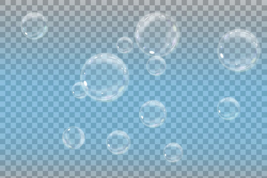 Soap Bubbles are located on a transparent background . Collection of realistic bubbles, 3D soap balloon. Foam, powder, Png, soap, detergen, Vector flying bubbles.