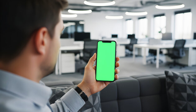 Hand holding mobile phone with green screen, man using smartphone in modern office for app or advertising display, digital technology mockup