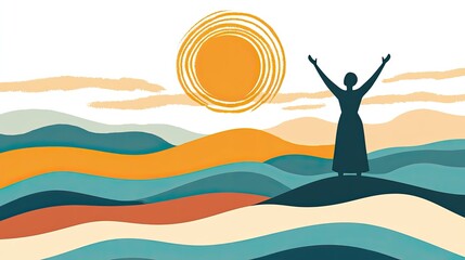 Silhouette of Woman in Prayerful Pose Against Abstract Landscape and Sun