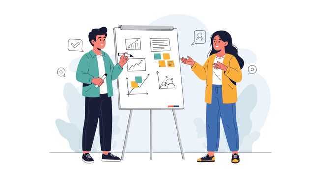 Business meeting with presentation on flip chart.