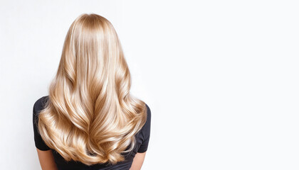 Naklejka premium Back view of a woman with long layered wavy blonde hair, wearing a beige knit sweater, isolated on a clean white studio background with copy space. Professional salon styling, glossy healthy hair text