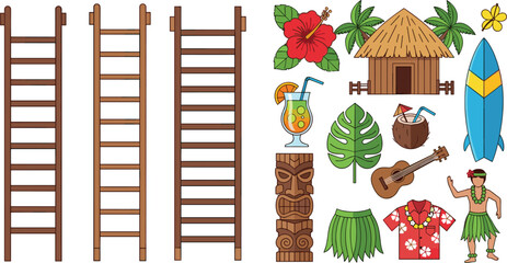 Hawaiian Tropical Elements Vector Illustration Set with Wooden Ladders Tiki Mask Surfboard Hula Dancer and Island Decor © Sujon Shah