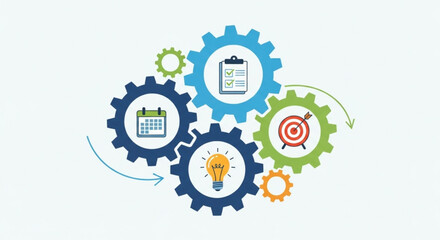 Business strategy and planning concept with interlocking gears featuring a clipboard calendar light bulb and target icons in blue green and orange hues on a white background
